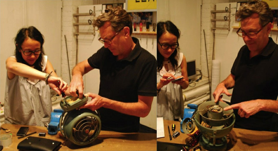 pammyfive_fan-comp PammyFive and John Murphy from FC NYC open an antique fan to examine what needs fixing.